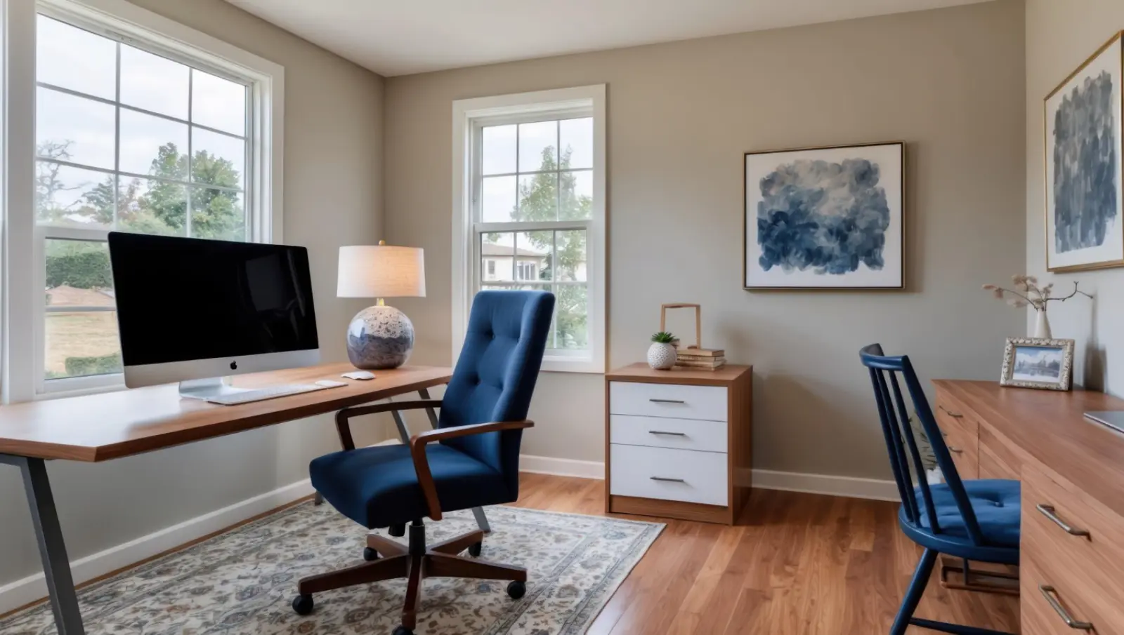 Custom home office with built-in shelving and desk